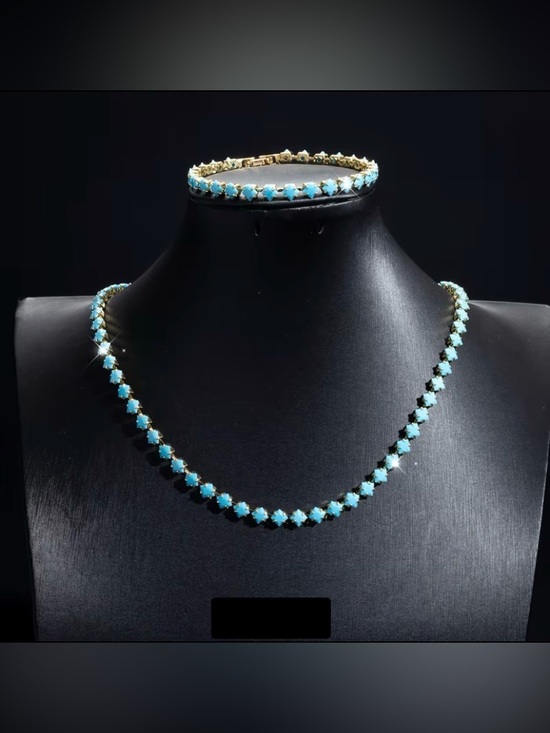 Jewelry - Natural Turquoise Square Cut Tennis Necklace Set 14K Gold Plated